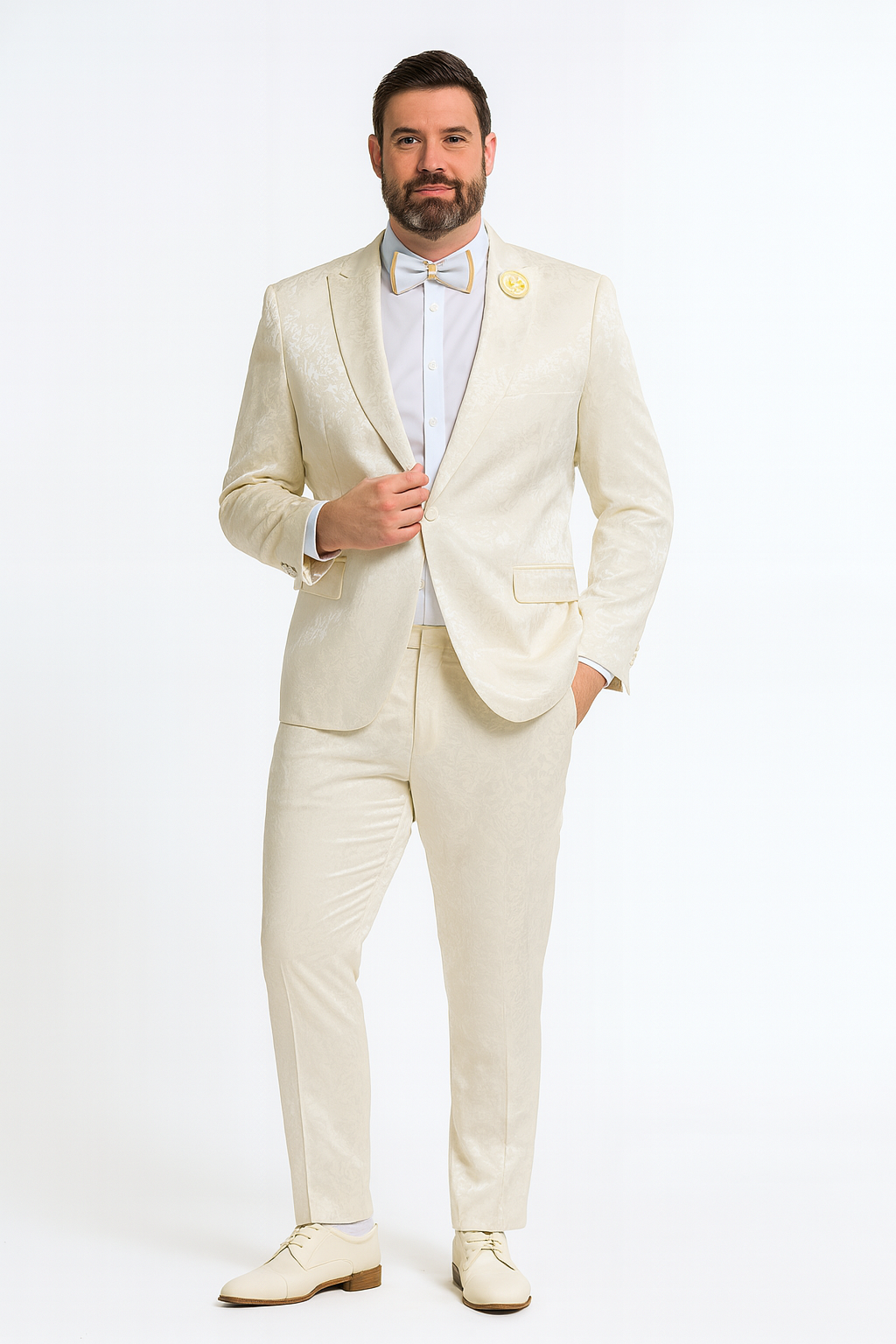 Men’s Champaign Ivory  Jacquard Paisley Tuxedo Suit with Satin Shawl Lapel – Elegant Wedding and Prom Outfit By Rossiman - S