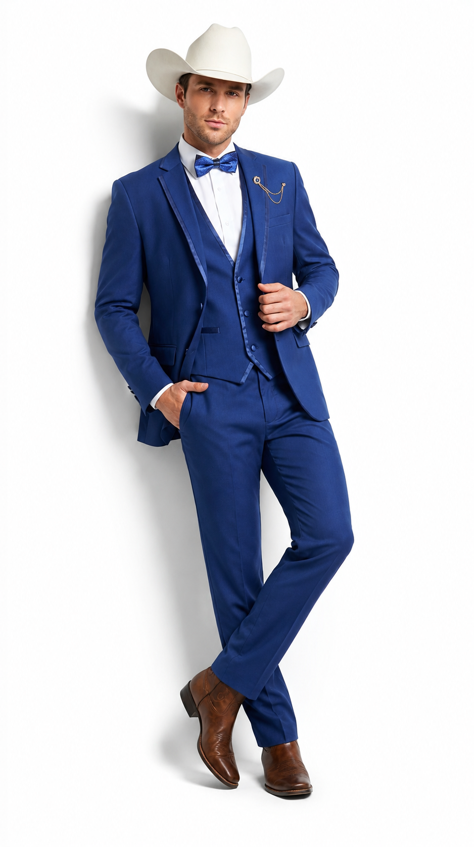 Men’s Blue Western Tuxedo Suit, 3 Piece Cowboy Formal Wedding Prom Suit with Satin Trim - 34 Short or Extra Small