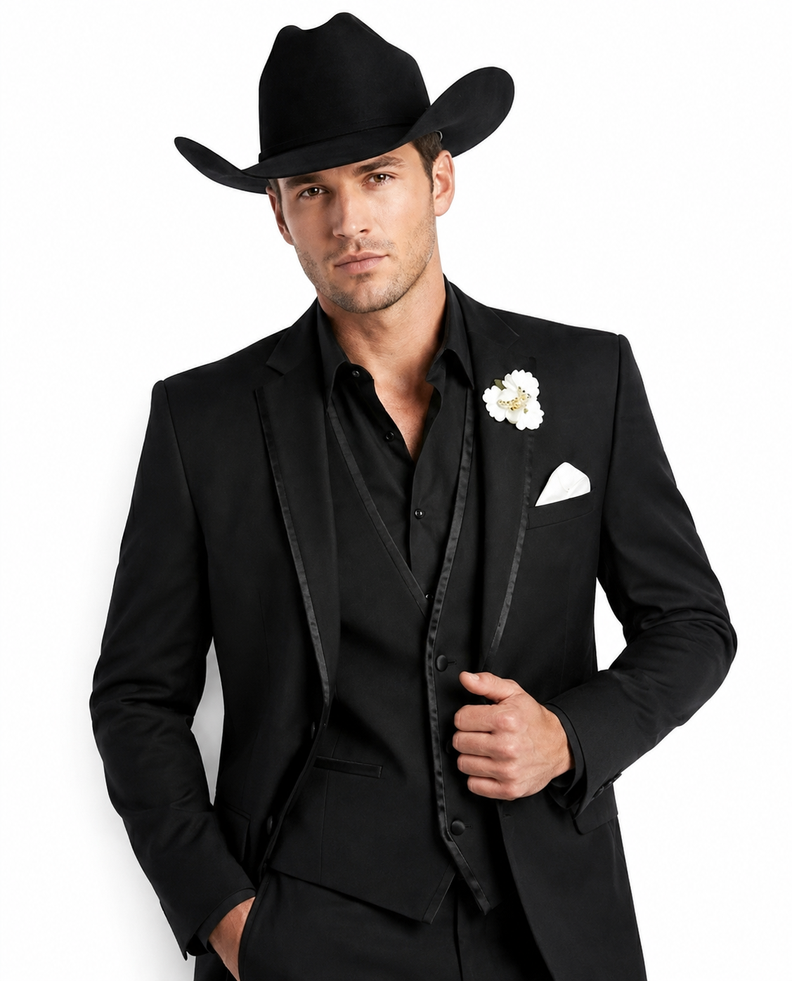 Men’s Black Western Tuxedo Suit, 3 Piece Cowboy Formal Wedding Prom Suit with Satin Trim