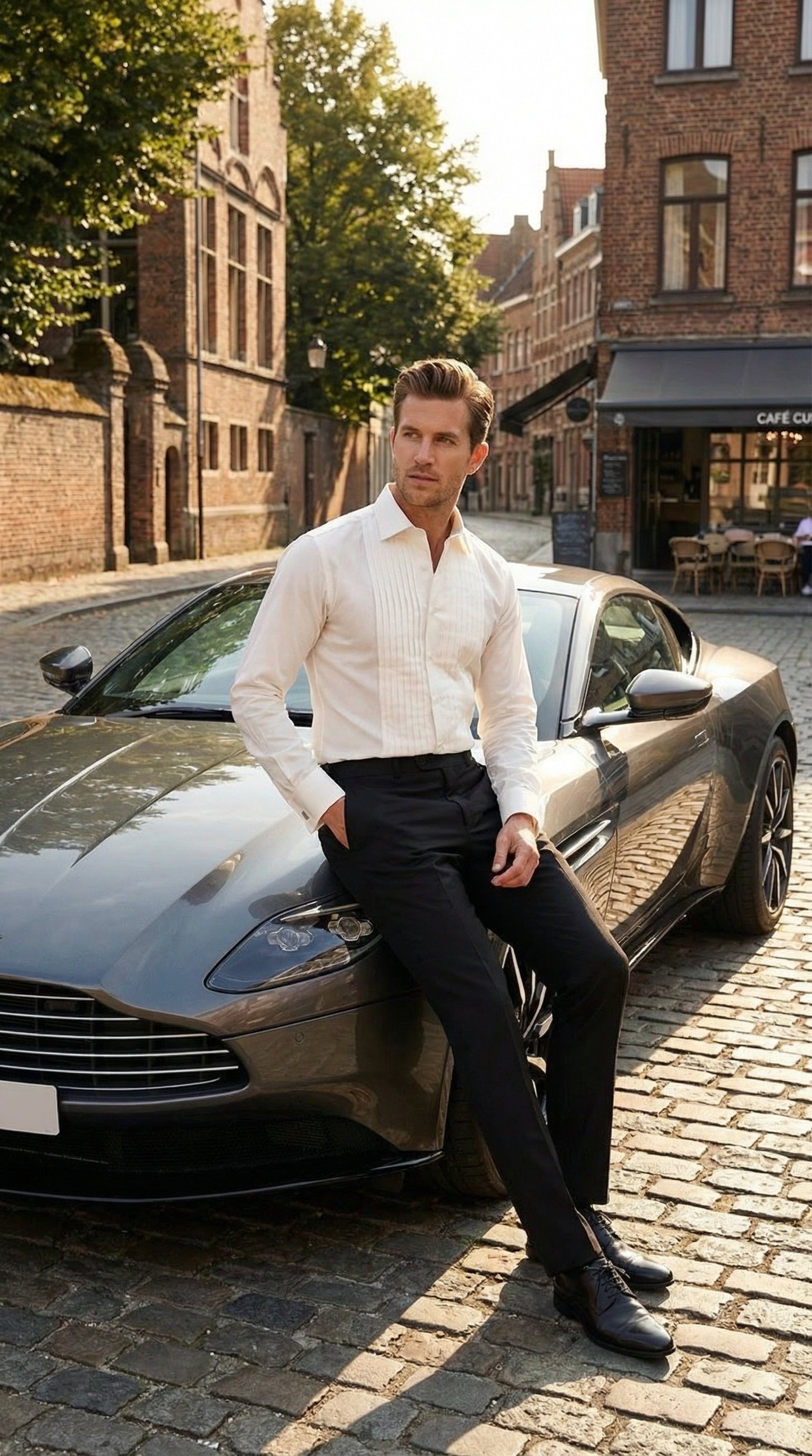 Men’s Ivory Cream Off White  Pleated Tuxedo Dress Shirt | French Cuff Formal Wedding Shirt - 15.5" Neck / 34–35" Sleeve