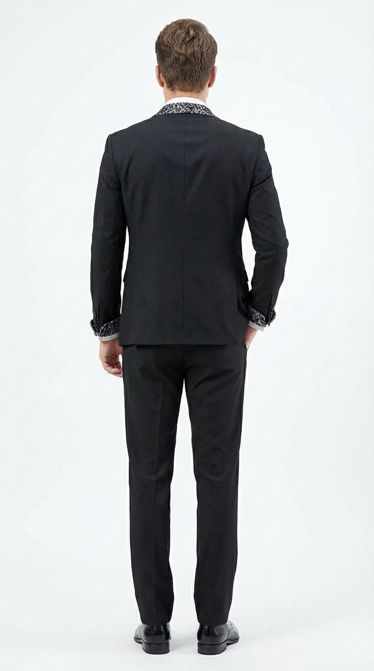 Mens Black and White Lapel Tuxedo Suit – Black Formal Tuxedo with White Pattern Lapel for Wedding, Prom and Evening Events - 34 Short or Extra Small