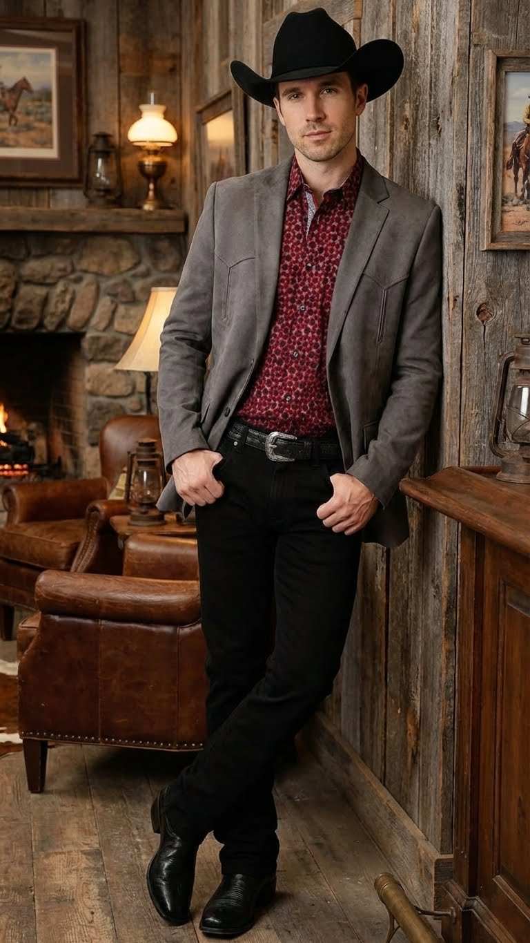 Mens Charcoal Gray Western Faux Suede Blazer Double Button Cowboy Jacket for Wedding & Party Wear - 36 Short