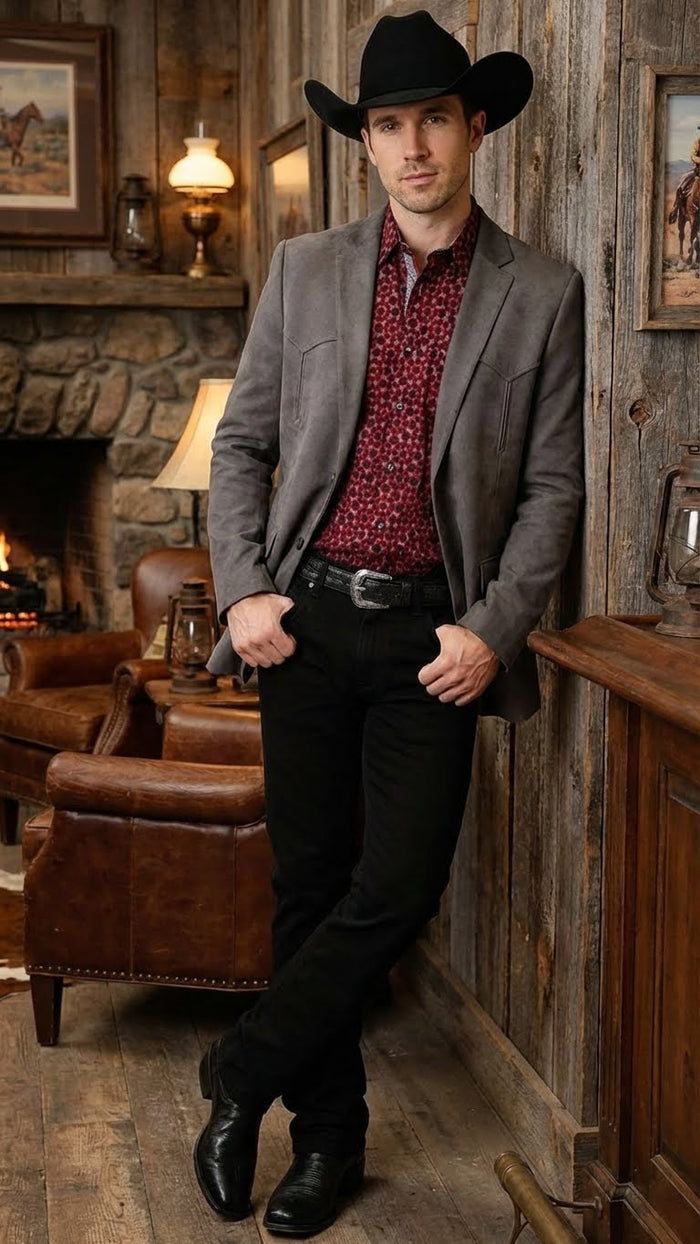 Mens Charcoal Gray Western Faux Suede Blazer Double Button Cowboy Jacket for Wedding & Party Wear