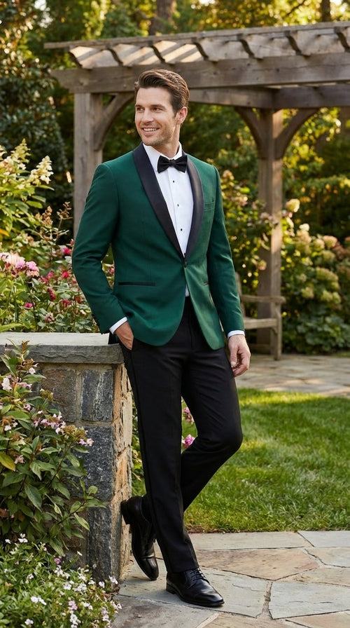 Mens Emerald Green Tuxedo Jacket with Black Satin Shawl Lapel | Prom Dinner Blazer