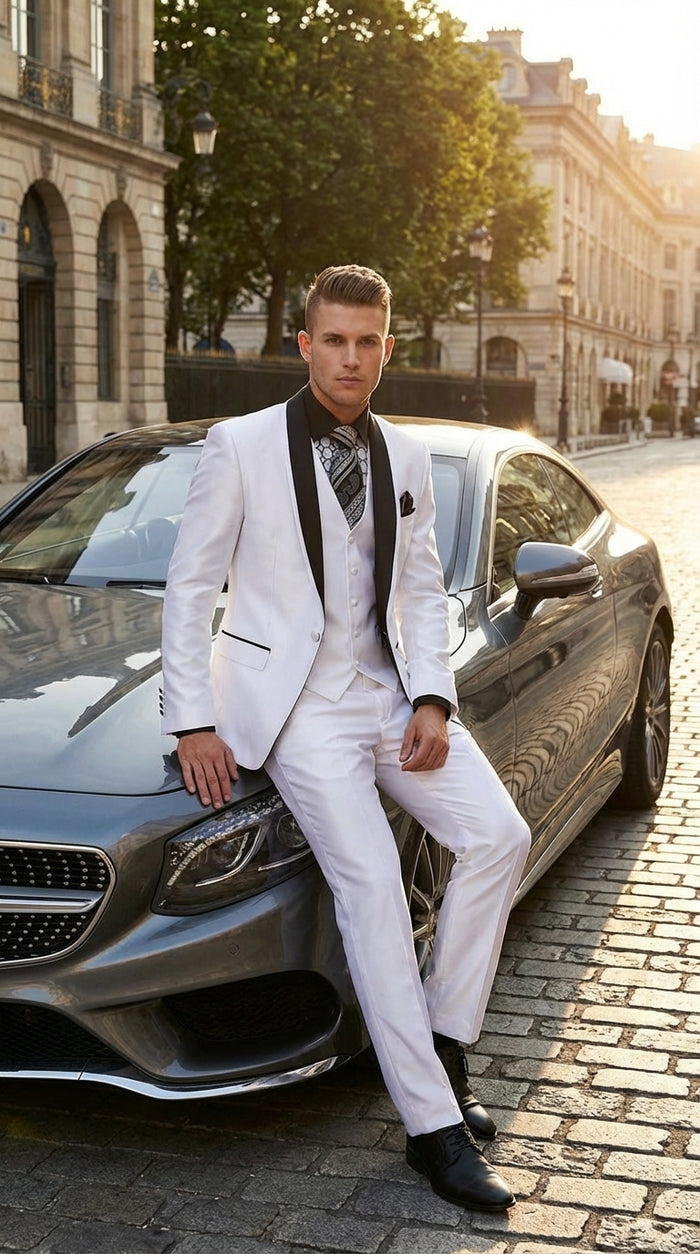 Mens White Shiny Flashy Fabric Tuxedo Suit with Black Shawl Lapel | Luxury Formal Wedding and Evening Suit Sharkskin Metallic Fabric