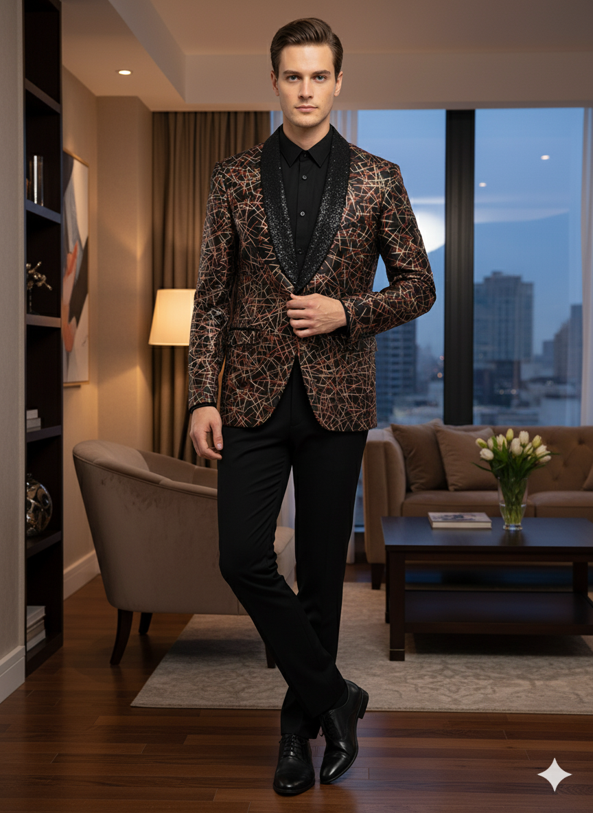 Men’s Black Shiny Designer Blazer with Red and Gold Pattern – Luxury Party & Wedding Jacket - 36 Short