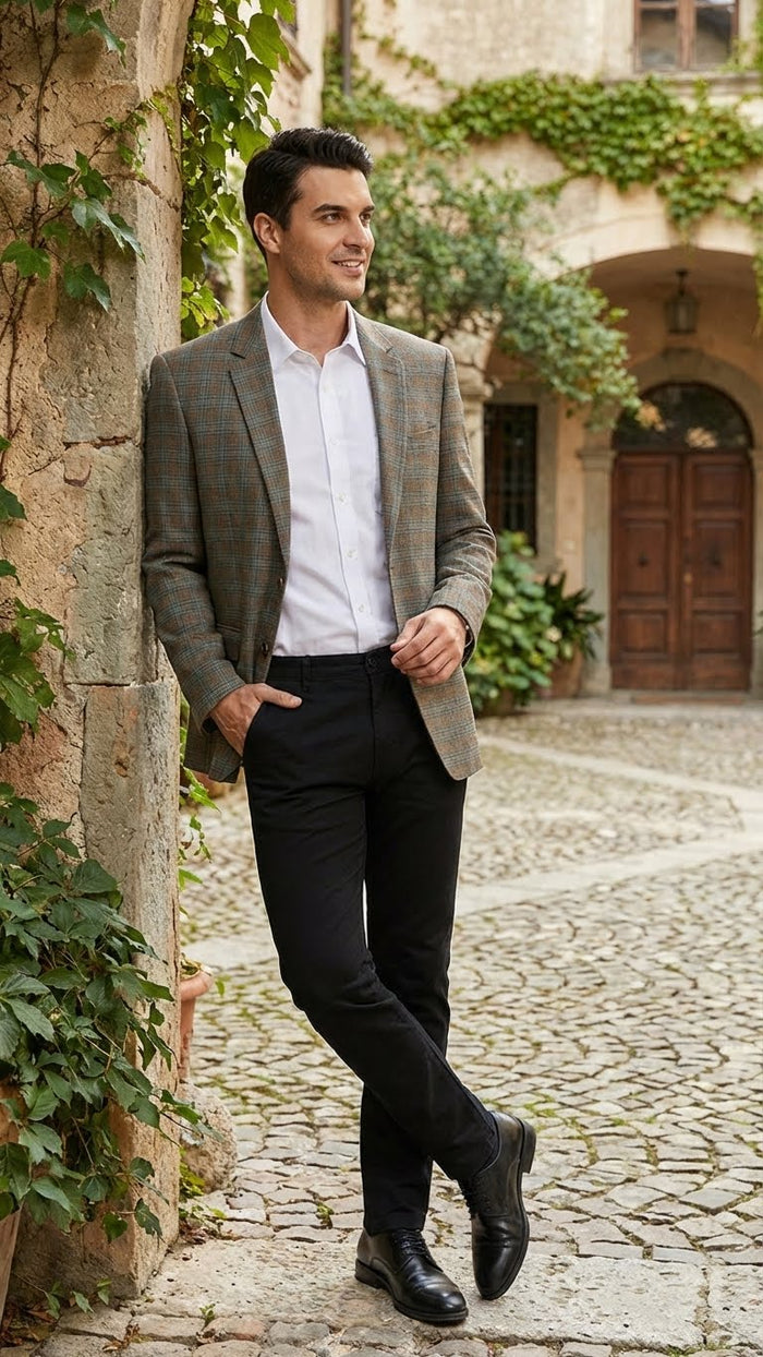 Mens Green Brown and Teal Plaid Sport Coat Tailored Fit Check Blazer Jacket - Tartan Sportcoat