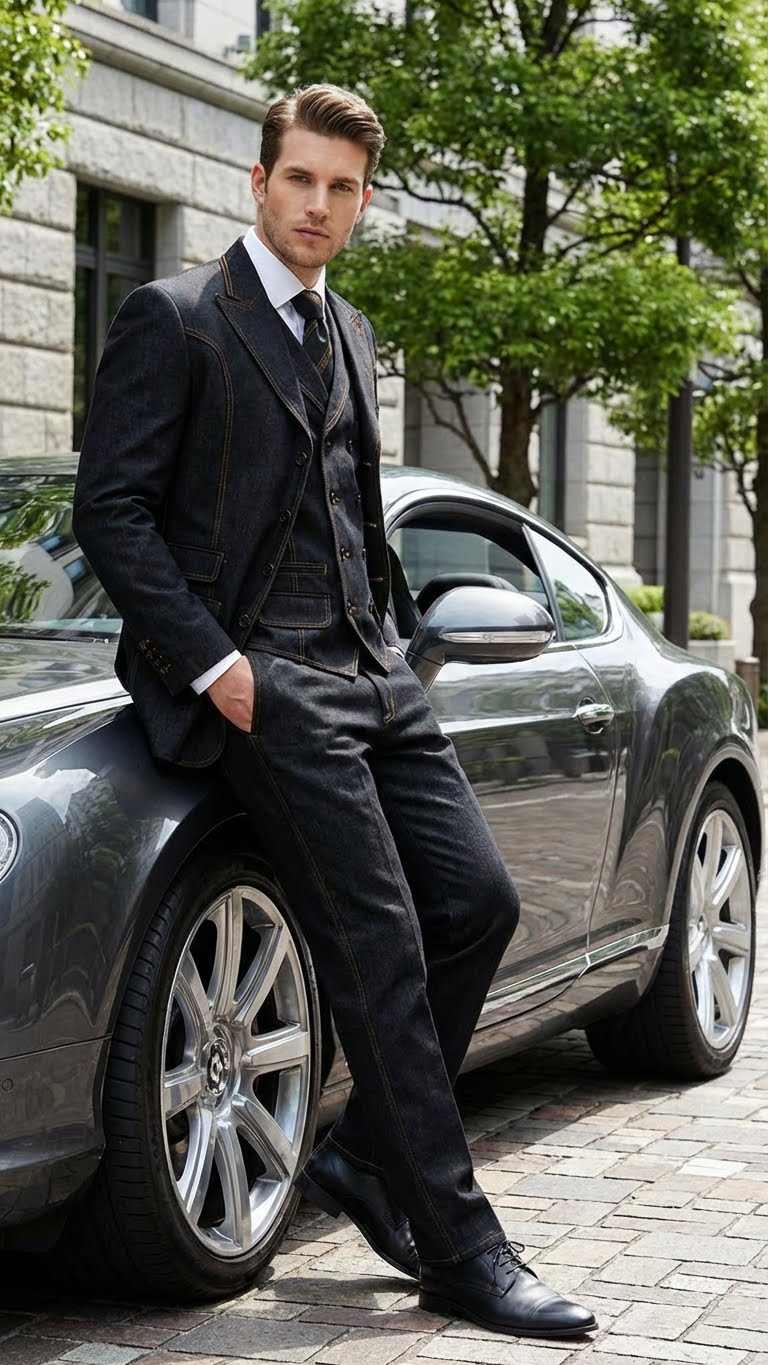 Men's Black Denim Fabric Suit – Classic Three Piece Denim Suit for Wedding, Prom and Church Wear - 34 Short or Extra Small