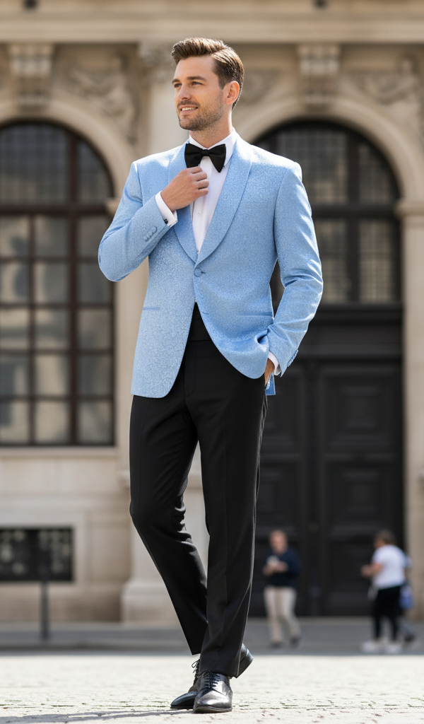 Mens Light Blue Paisley Tuxedo Jacket Elegant Satin Shawl Lapel Dinner Blazer for Weddings, Proms in Sky Powder Blue Color Bowtie