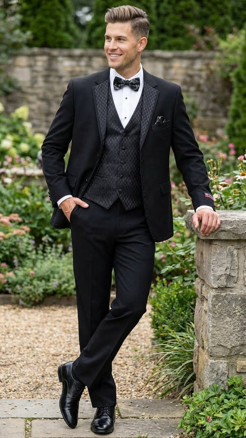 Men's Black Vested Tuxedo Suit with Patterned Lapel Classic Formal Suit for Wedding, Party and Evening Events