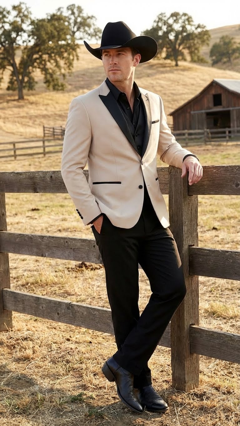 Men's Light Tan and Black Lapel Western Tuxedo Suit Set Wedding Party Cowboy Dress Tuxedo Black Pants - 34 Short or Extra Small