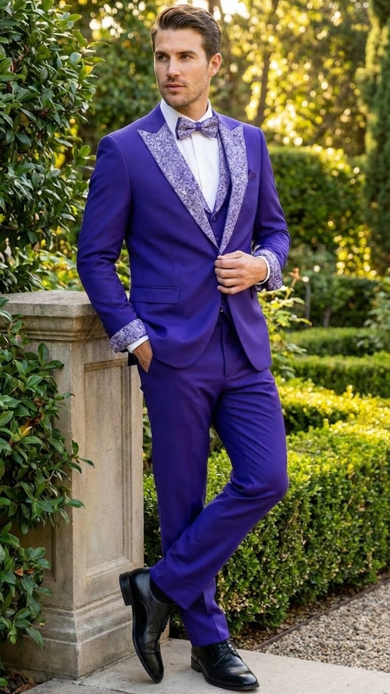 Men’s Purple and white sivler lapel  Embellished Tuxedo Suit –  Formal Wedding, Prom, and Gala Outfit Mardi Gras - 34 Short or Extra Small