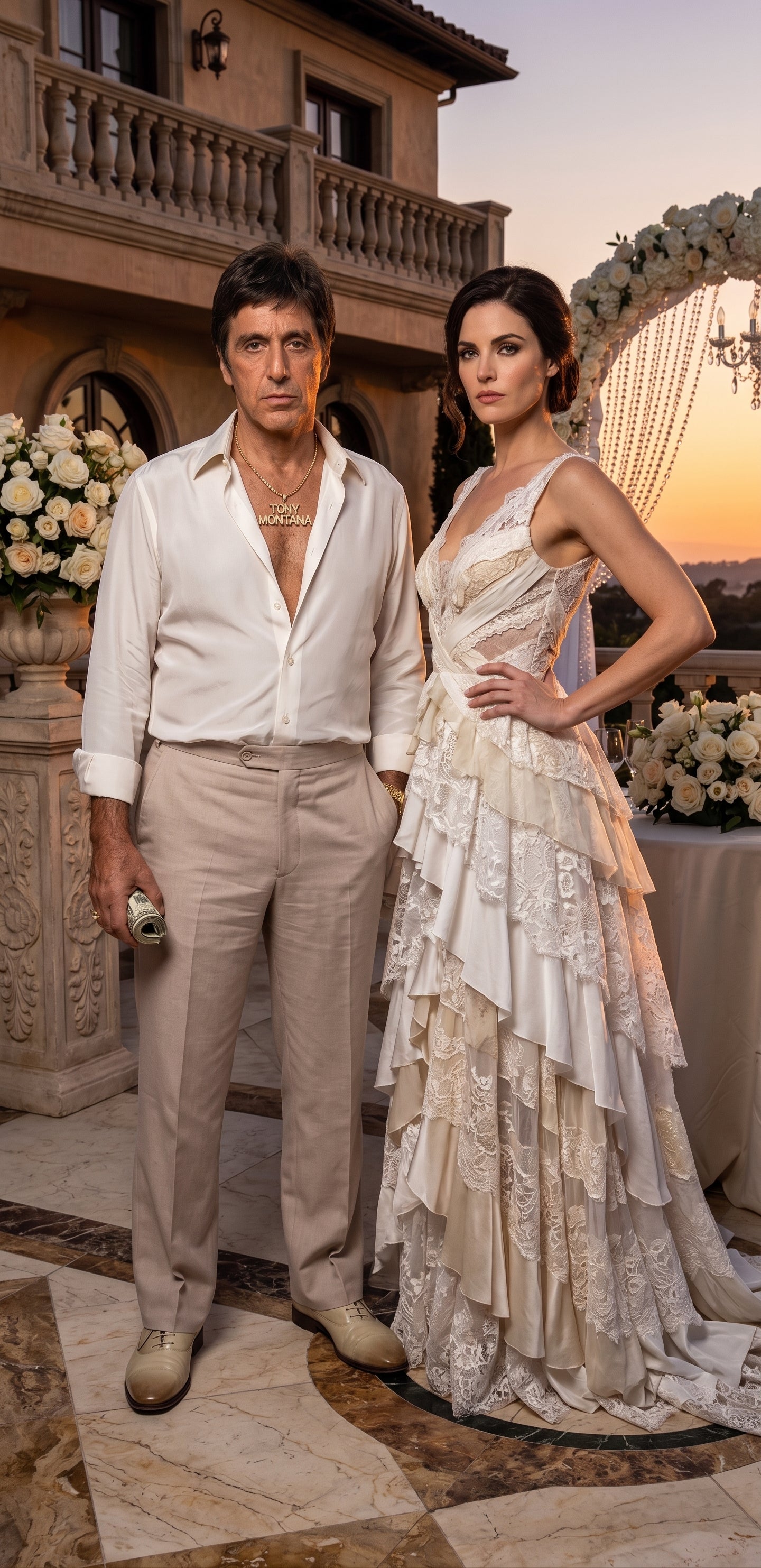Tony Montana’s White Linen Shirt and Tan Pants – Men’s White Formal Shirt with Tan Trousers for Party, Wedding and Vintage Style Outfit - 15.5” Neck / 32-33” Sleeve