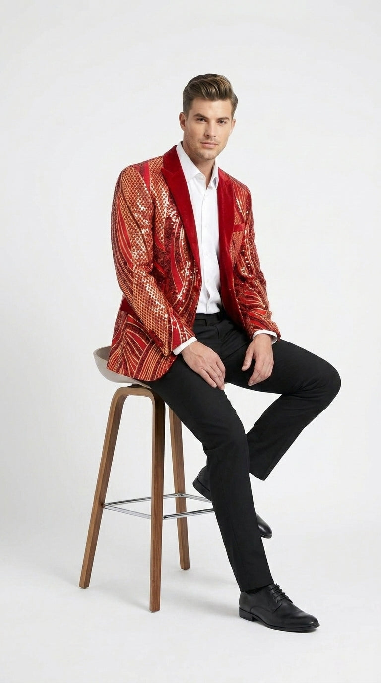 Men’s Red and Gold Sequin Christmas Holiday Blazer – Luxury Party Jacket for New Year, Wedding and Festive Events - 36 Short