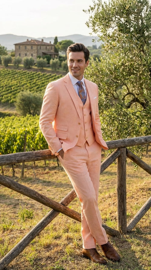 Mens Light Peach 3 Piece Suit Set with Vest, Prom Wedding Dress Suit