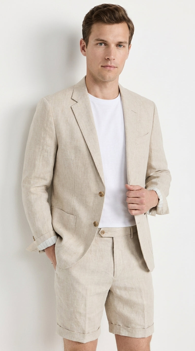 Men’s Tan Linen Suit with Shorts, 2 Piece Summer Short Suit, Casual Beach Wedding Outfit - 34 Short or Extra Small