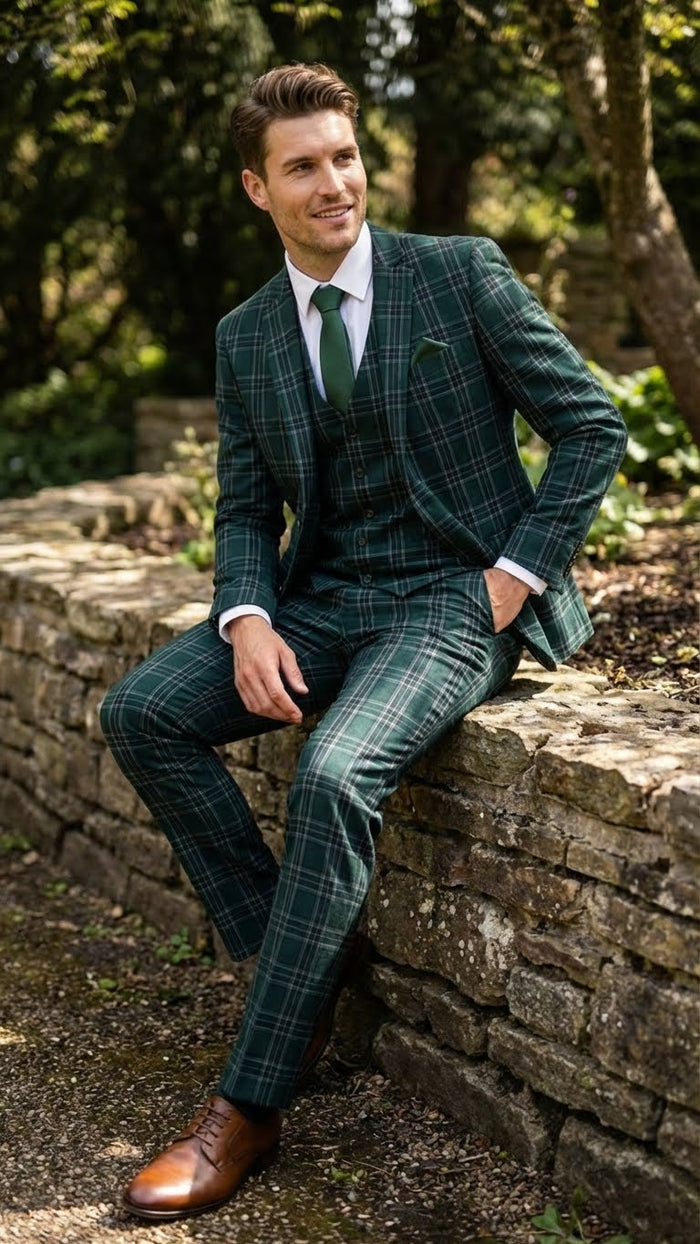 Men's Dark Green Plaid 3 Piece Suit Checkered Suit Set for Wedding, Windowpane Tartan Fabric - Ultra Slim Fit