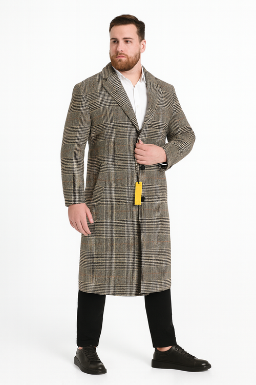 Mens Full length  Long Plaid Overcoat â€“ Classic Checkered Wool Blend Winter Coat in Gray Color Checkered