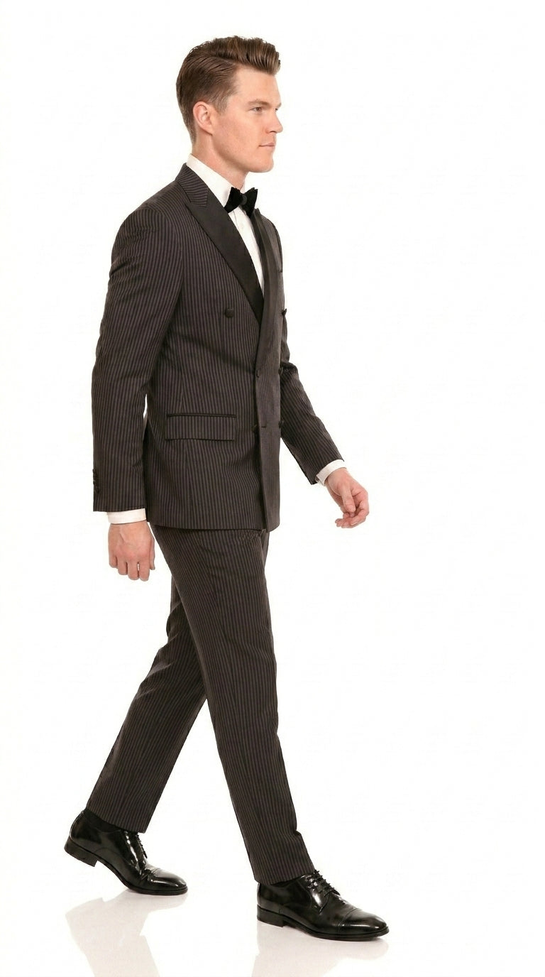 Men’s Double Breasted Suit – Classic Peak Lapel Formal Tuxedo Style Suit for Wedding in Black Ton on Tone Pinstripe - 34 Short or Extra Small