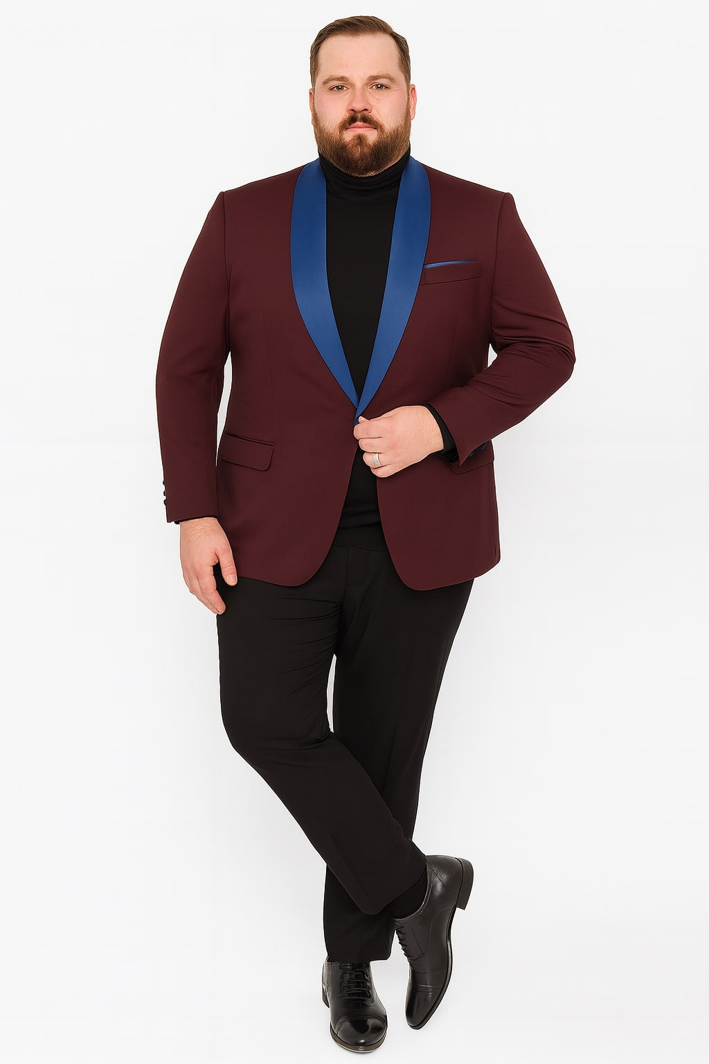Mens Burgundy Tuxedo Dinner Jacket Blazer with Blue Satin Shawl Lapel  Wedding and Party Jacket - 34 Short or Extra Small