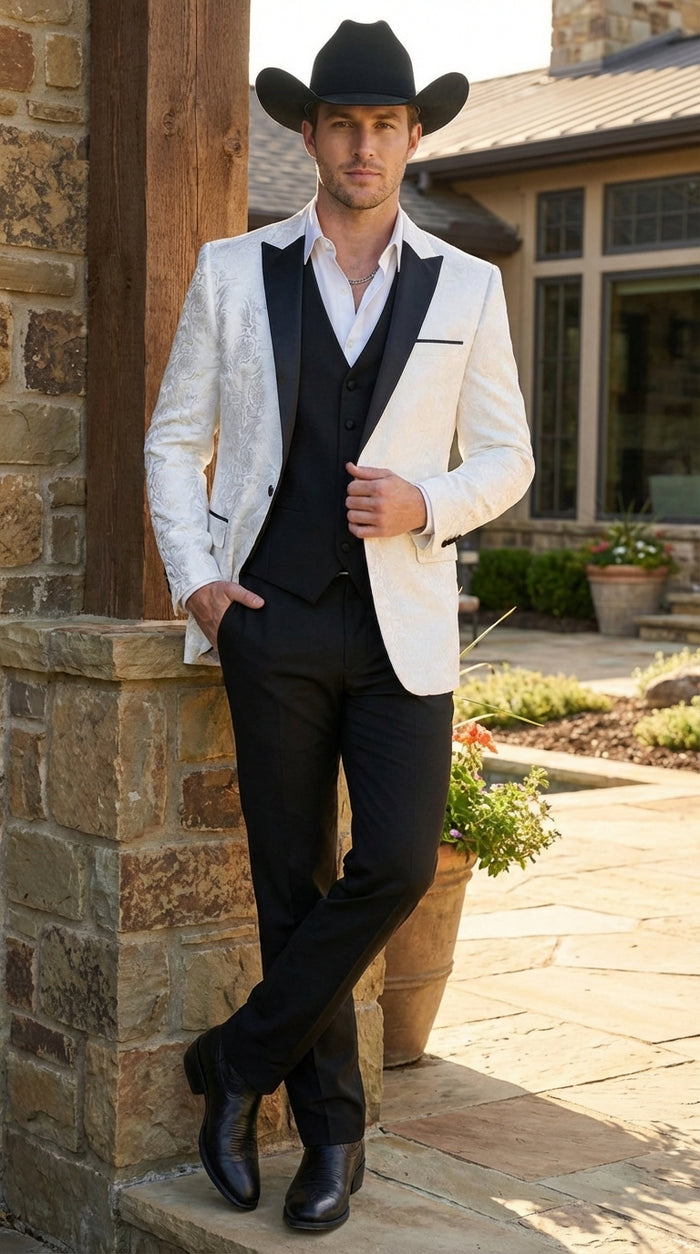 Mens White Paisley Cowboy Tuxedo with Black Satin Lapel – Western Formal Wedding Suit Jacket