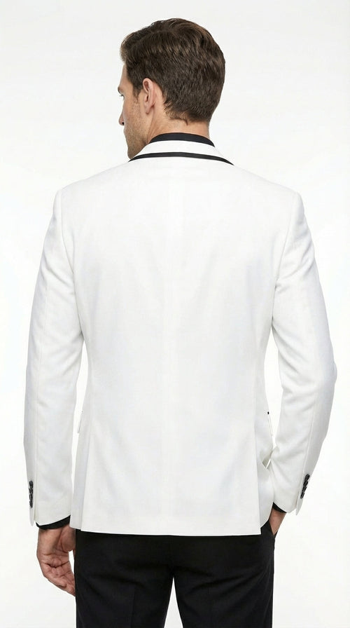 Men’s White Disco Blazer 70s Era Costume Jacket – Black Trim Retro Party Blazer, Vintage Dance Outfit, Stylish Evening Themed Wear