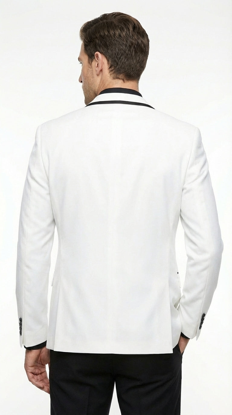 Men’s White Disco Blazer 70s Era Costume Jacket – Black Trim Retro Party Blazer, Vintage Dance Outfit, Stylish Evening Themed Wear - 36 Short