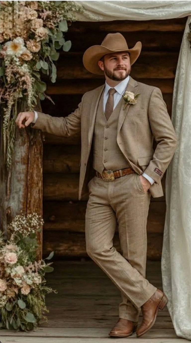 Mens Sharkskin Dark Taupe Tan with sheen Western 3 Piece Suit – Classic Country Style Blazer Vest Pants Set, Formal Cowboy Suit Outfit - 34 Short or Extra Small