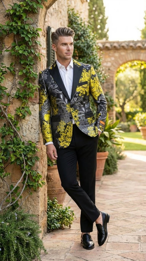 Mens Yellow Tuxedo Black and Gold Floral Pattern Blazer | Formal Jacket - Prom Dinner Jacket + Black Pants + Bowtie