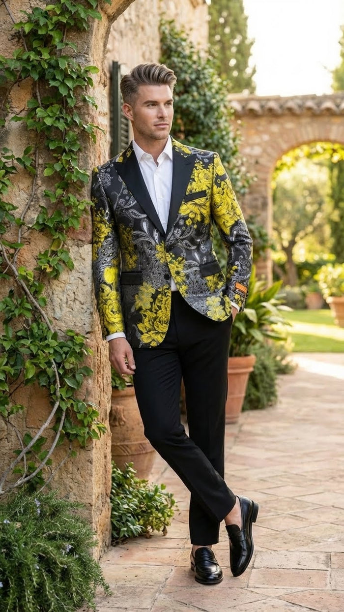 Mens Yellow Tuxedo Black and Gold Floral Pattern Blazer | Formal Jacket - Prom Dinner Jacket + Black Pants + Bowtie