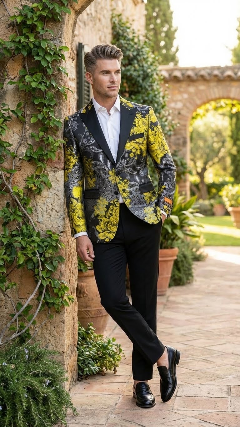 Men’s Yellow Tuxedo Black and Gold Floral Pattern Blazer | Formal Jacket - Prom Dinner Jacket + Black Pants + Bowtie - 36 Short