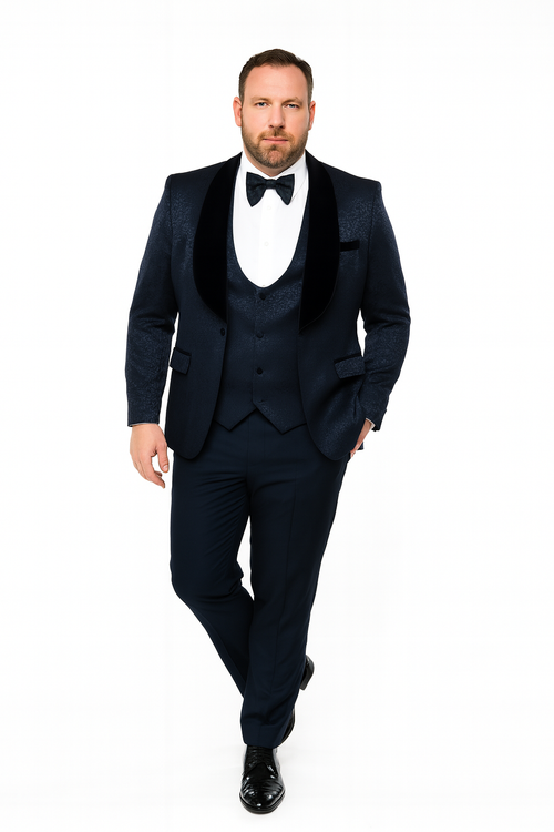 Mens Navy Blue Jacquard Tuxedo with Black Velvet Shawl Lapel, 3 Piece Formal Suit with Bow Tie
