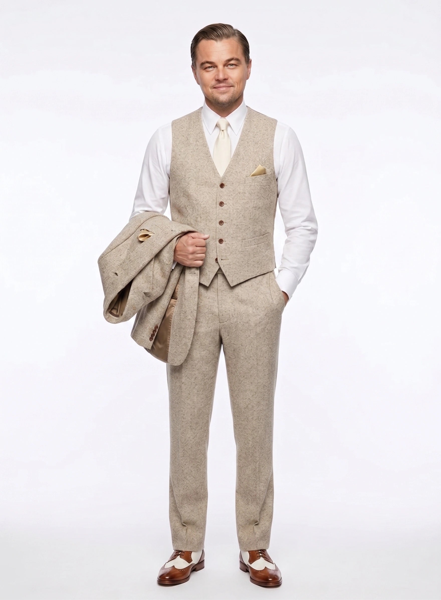 Men’s Light Tan Tweed Great Gatsby 3 Piece Suit – Vintage Vested Wedding Suit, 1920s Classic Formal Outfit Herringbone - 34 Short or Extra Small