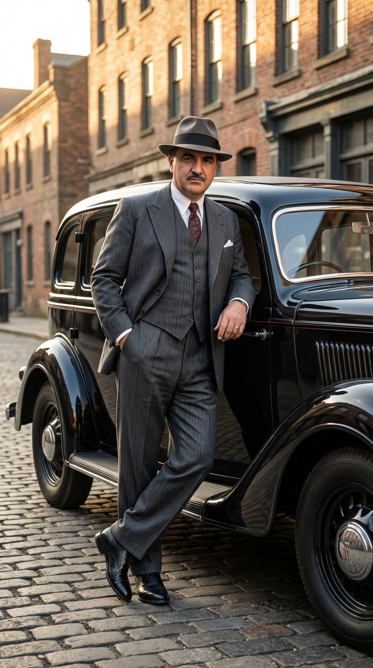 Al Capone Mens Charcoal Gray Stripe 3-Piece Gangster Style Suit 1920s Jazz Club Inspired Formal Suit Outfit - Suit