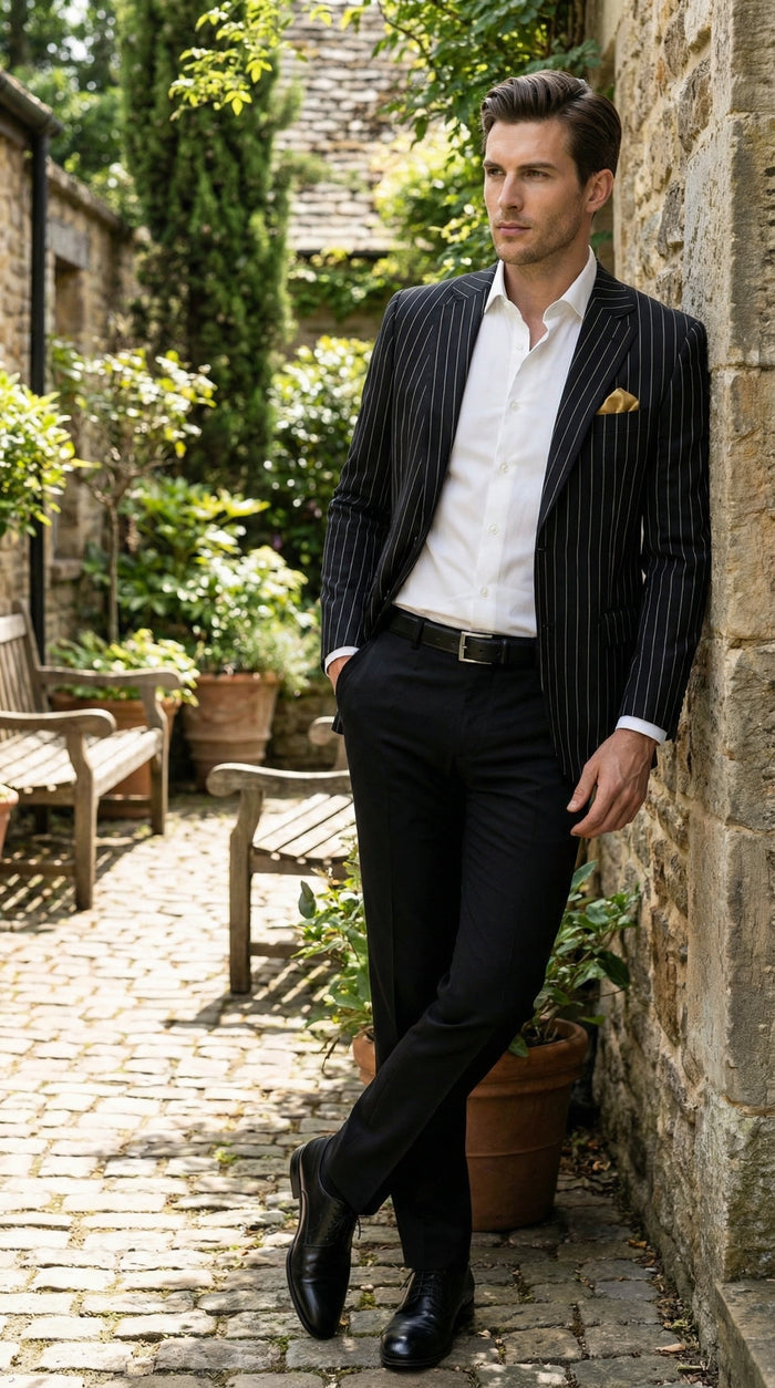 Mens Black Pinstripe Blazer Classic Tailored Formal Jacket for Business, Office and Evening Wear