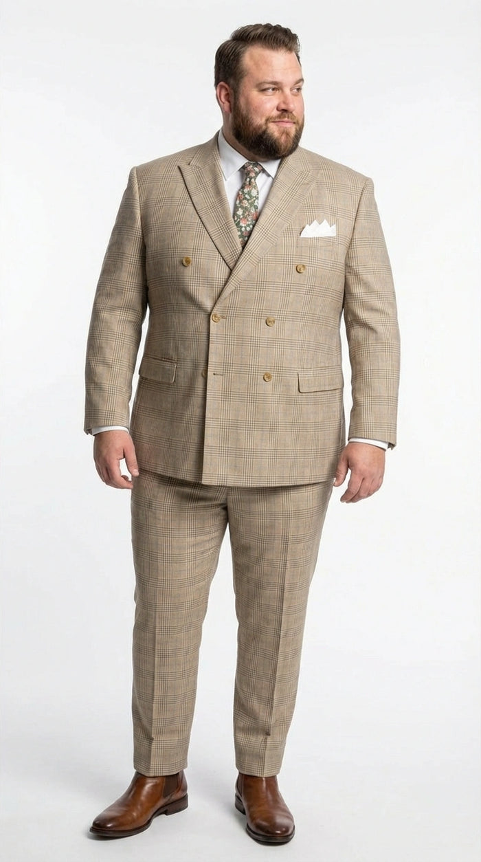 Vinci Mens Beige Plaid Double Breasted Suit Classic Checkered Formal Suit Set in Tan Color Windowpane Checkered Pattern