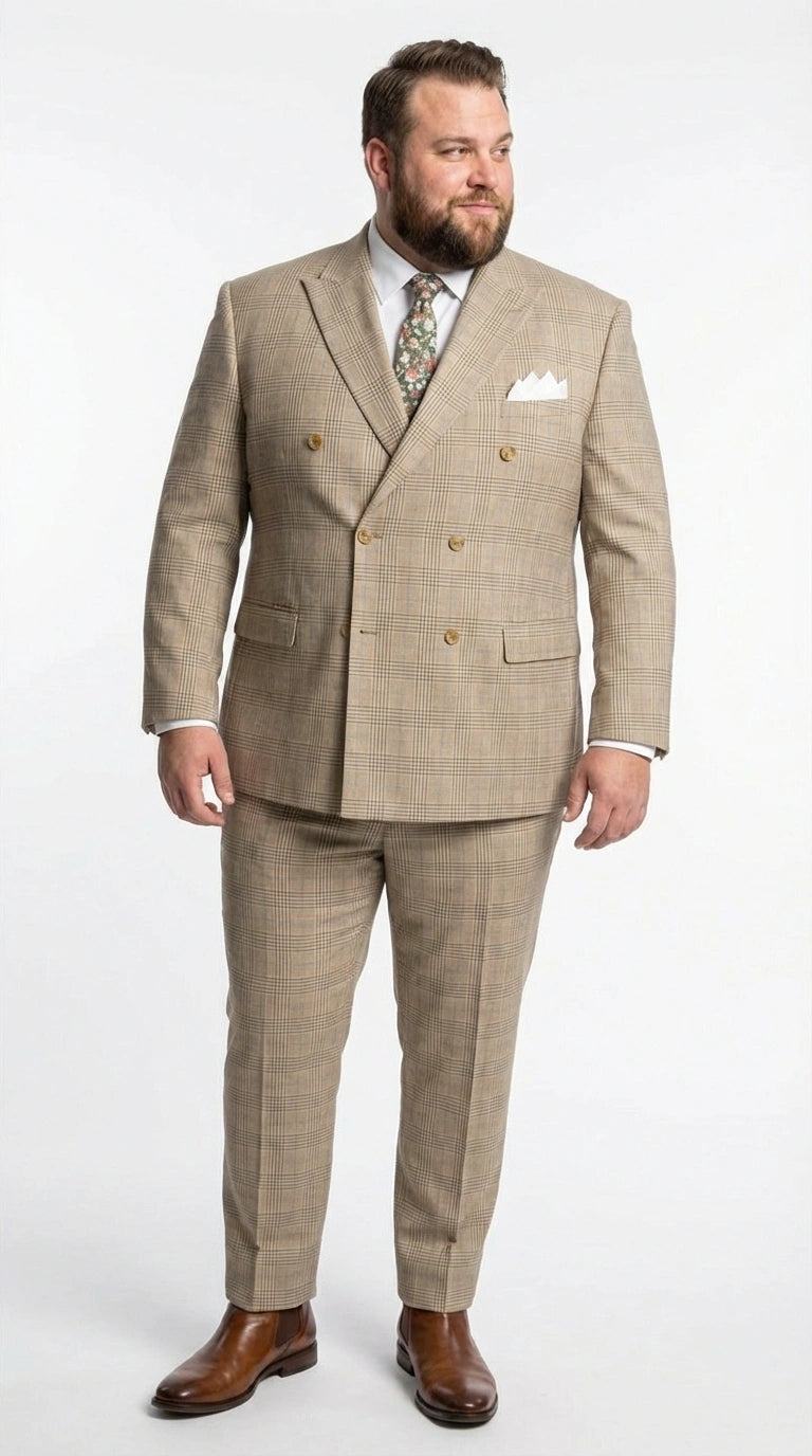 Vinci Men’s Beige Plaid Double Breasted Suit – Classic Checkered Formal Suit Set in Tan Color Windowpane Checkered Pattern - 34 Short or Extra Small