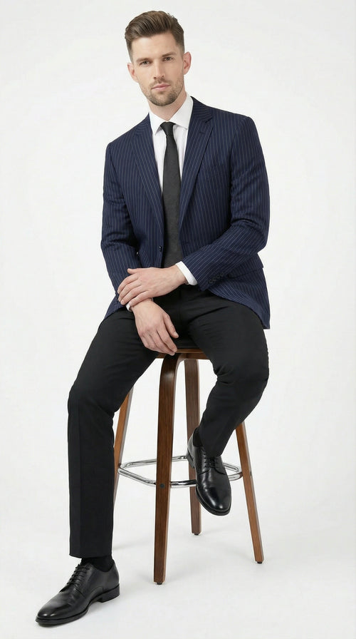 Mens Navy Blue Pinstripe Blazer Classic Tailored Formal Jacket for Business, Office and Professional Wear