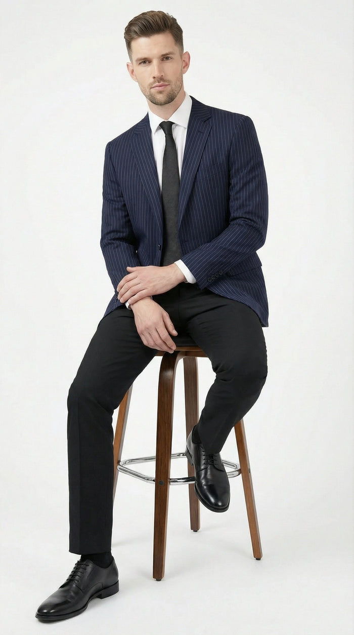 Mens Navy Blue Pinstripe Blazer Classic Tailored Formal Jacket for Business, Office and Professional Wear