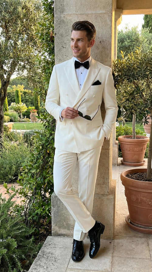 Mens ivory Cream Double Breasted Suit Classic Formal Tuxedo Style Suit for Weddings off White Color