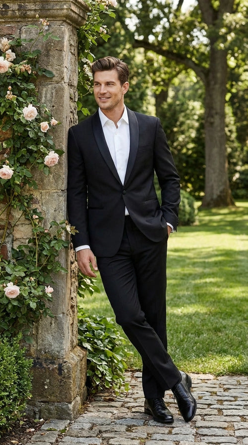 Tiglio Designer Mens Black Single Button Tuxedo Suit Formal Black Business and Wedding Suit Shawl Collar  Super 150's Wool Fabric