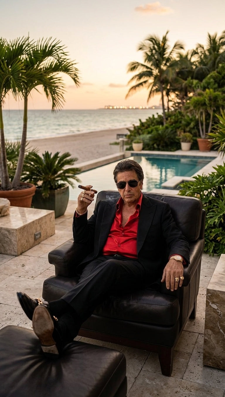 Tony Montana’s Black Blazer with Red Sateen Shirt – Men’s Black Formal Blazer and Red Satin Style Shirt Outfit for Party, Wedding and Vintage Wear - 36 Short