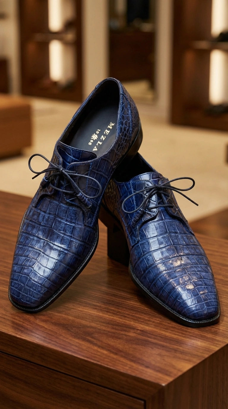 Mezlan Blue Crocodile Alligator Embossed Leather Dress Shoes for Men – Luxury Lace Up Oxford Shoes – Blue Exotic Pattern Formal - 6