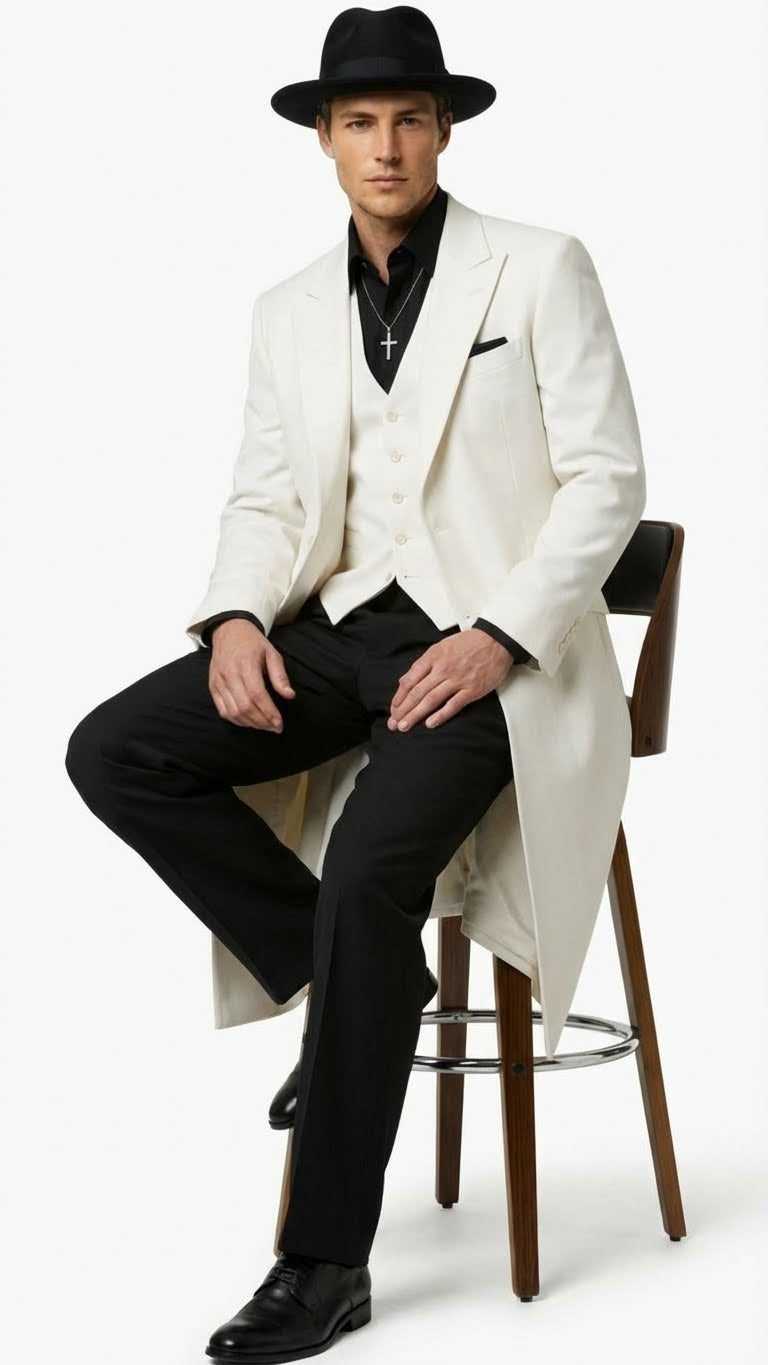 Mens White Long Zoot Suit Costume Set with Black Pants – Wedding, Prom and Party Outfit 1920s - 1930s Gangster Style - Large 16.5" Neck / 36" Sleeve