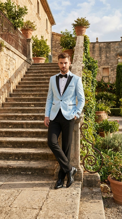 Mens Baby Blue Tuxedo Blazer with Black Lapel Formal Dinner Jacket for Wedding, Prom and Evening Events  in Sky Light Blue Color