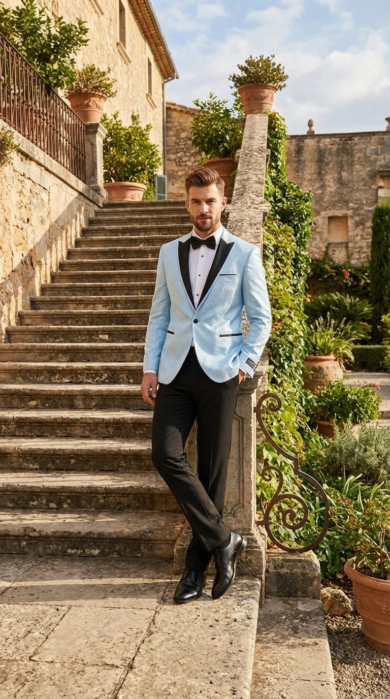 Men’s Baby Blue Tuxedo Blazer with Black Lapel – Formal Dinner Jacket for Wedding, Prom and Evening Events  in Sky Light Blue Color - 34 Short or Extra Small