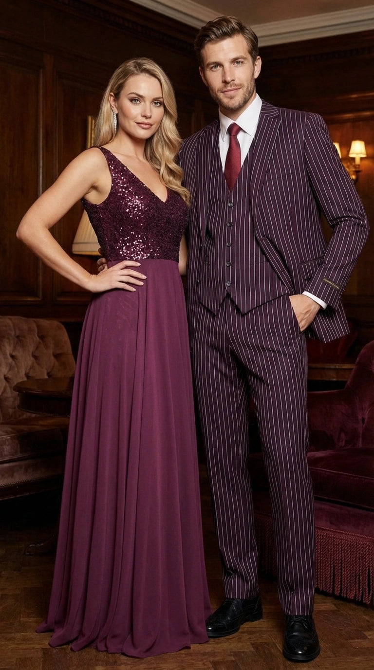 Men’s Plum Eggplant Pinstripe 3 Piece Suit – Burgundy Purple Formal Suit  Gangster 1920s Mafia Pimp Suit - 34 Short or Extra Small