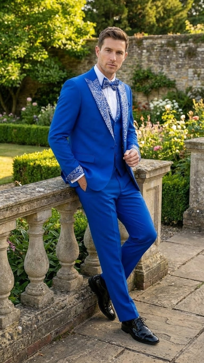 Mens Bright Royal Blue and White lapel  Embellished Tuxedo Suit 3-Piece Formal Wedding, Prom, and Gala Outfit