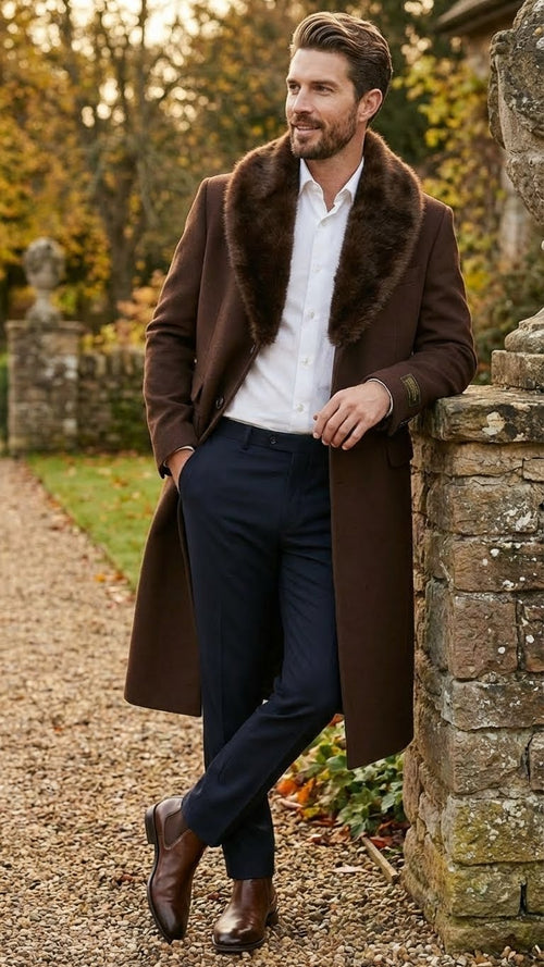 Mens Brown Long Overcoat with Faux Fur Collar Classic Winter Formal Coat Three Quarter Carcoat Wool and Cashmere Fabric