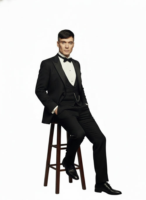 Mens Black Peaky Blinders Style Three-Piece Tuxedo Suit Classic Formal Suit with Blazer and Waistcoat Peak Lapel 1920s Style